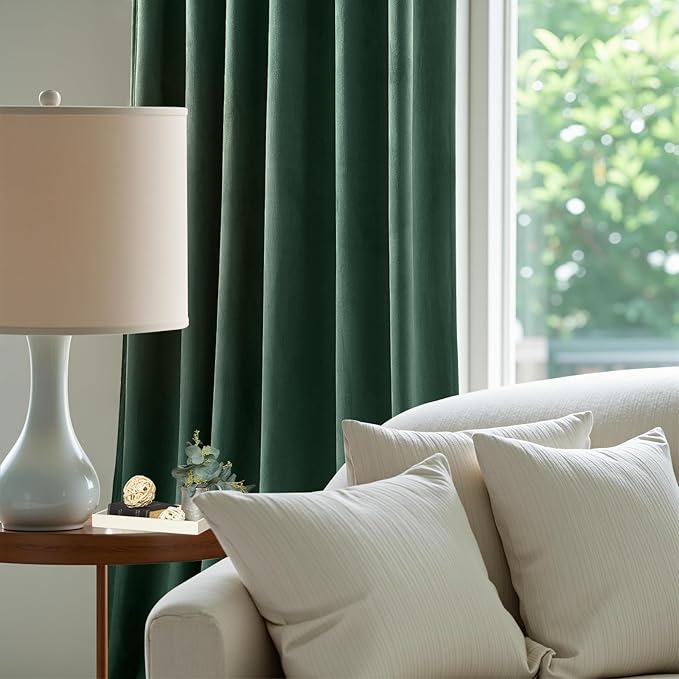 AUSSPVOCT Green Velvet Curtains 96 Inches for Bedroom, Thermal Insulated Super Soft Room Darkening Curtains Luxury Window Drapes for Dining Room, Back Tab Rod Pocket, W52 x L96, Dark Green, 2 Panels