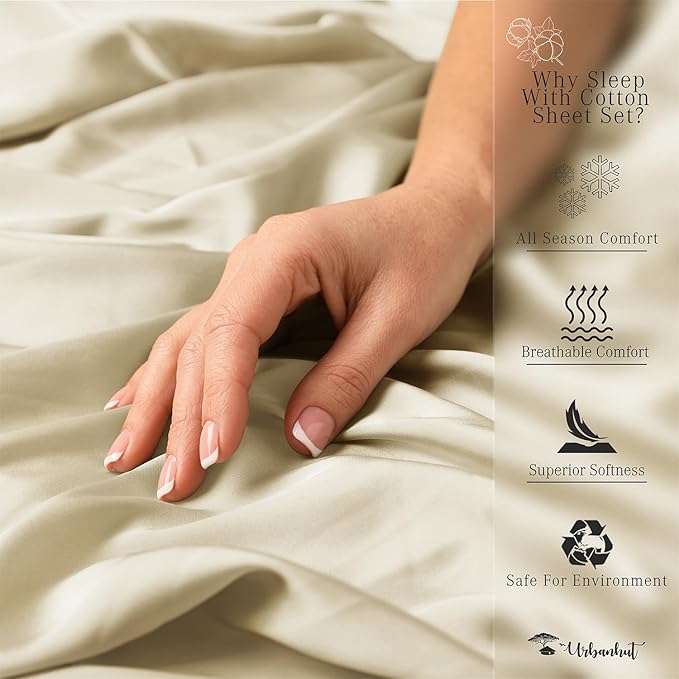 URBANHUT 800 Thread Count 100% Cotton California King Size Sheets, Luxury 4 Piece Cal King Bedsheets, Hotel Sheets Sateen Finish - Better Than Egyptian, 16" Elasticized Deep Pocket - Ivory