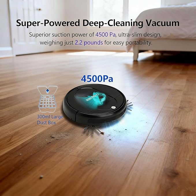 3-in-1 Robot Vacuum & Mop for Pet Hair | Powerful 4500Pa Suction, Tangle-Free, 120 Min Runtime, Ultra-Thin & Quiet, Smart Mapping, Ideal for Hard Floors & Large Homes (Black)