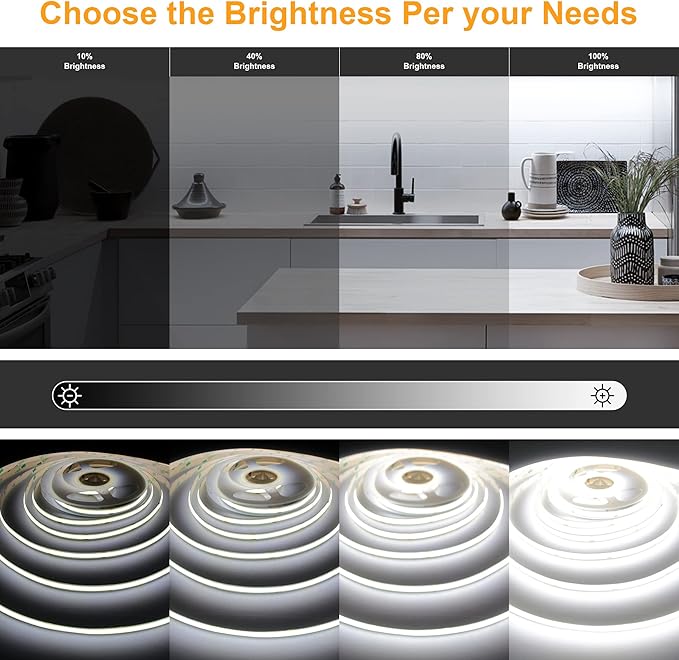 65.6ft White COB LED Strip Light, High Bright LED Strips with 320LEDs, RF Remote and UL Power Supply, 6000K Dimmable LED Lights for Bedroom, Kitchen, DIY Home Decoration, 2 Rolls of 32.8ft