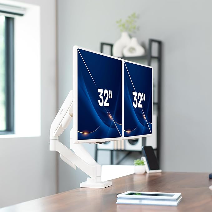 VIVO Dual Monitor up to 32 inches and 19.8 lbs per Screen, Mechanical Arm Desk Mount, Articulating Counterbalance, VESA Stand, Classic, White STAND-V002OW