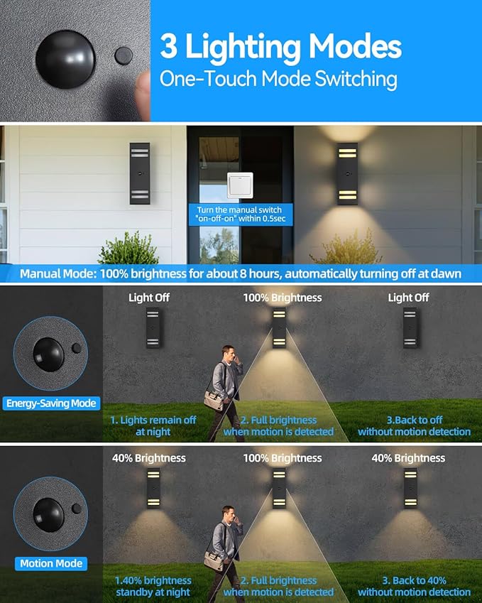 Zinola Motion Sensor Outdoor Lights, Modern Outdoor Wall Lights with E26 Base, Black Motion Detector Lights for Outside, Waterproof Sconce Exterior Lights for House Porch Front Door, Bulbs Included
