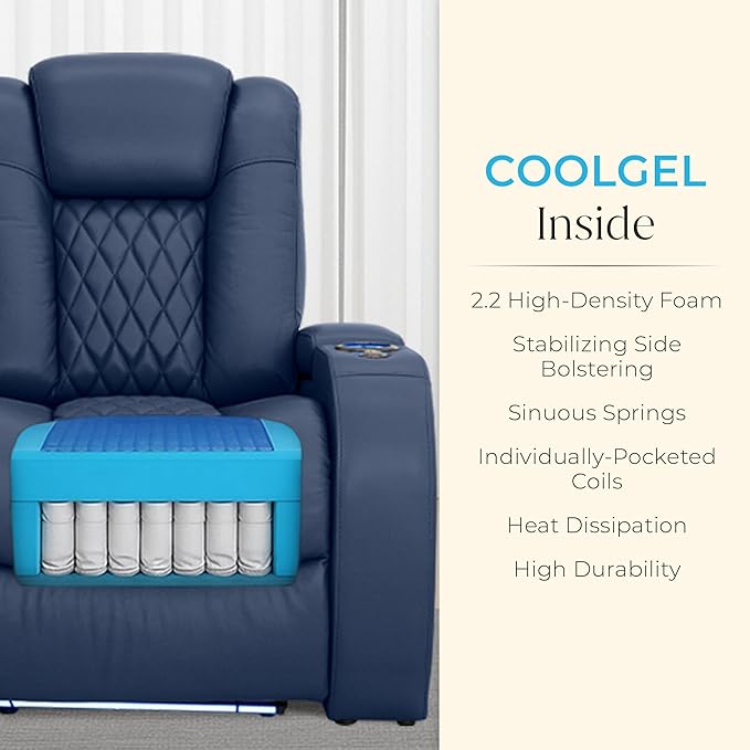 Seatcraft Diamante Zero-Gravity CoolZero Italian Leather Home Theater Seating, Power Headrest, Power Recline, Row of 4 Right Loveseat, Navy Blue