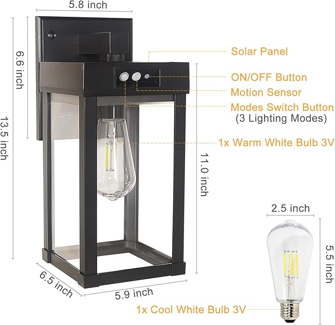 CYHKEE Solar Wall Lights Outdoor Waterproof with 3 Lighting Modes & Motion Sensor, Dusk to Dawn Exterior Porch Light fixtures, Solar Wall Lantern Fixture for Garage Patio Yard Garden