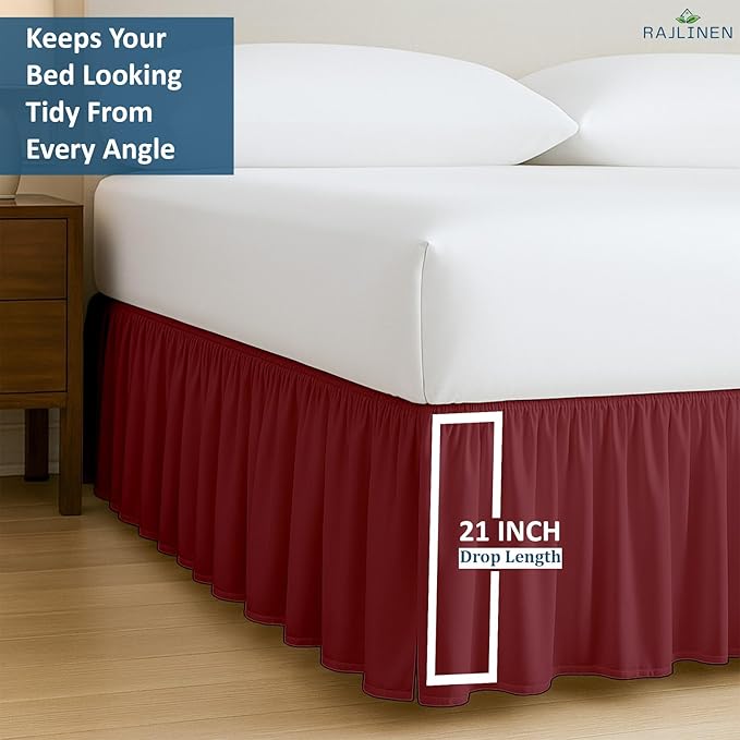 Rajlinen Ruffled Bed Skirt California King, 21 Inch Drop Dust Ruffle with Split Corners, 100% Microfiber Bedskirt with Platform, Three-Sided Coverage Ruffled Gathering Design, Burgundy
