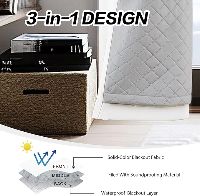 Soundproof 3-in-1 White 100% Blackout Curtains Thermal Insulation for Bedroom Living Room Grommet Curtains for Winter 1 Panel 50x84 Inch