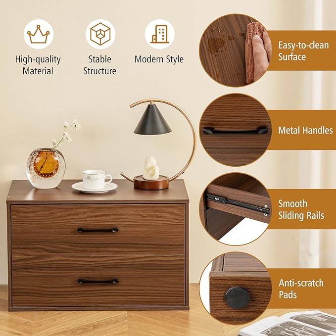 Giantex Stackable 2-Drawer Dressers for Bedroom - Short Dresser Two Drawer Storage Cabinet w/Handles & Anti-Topping Device, Small Dresser Chest of 2 Drawers for Closet Bedroom (1, Walnut)