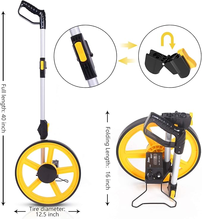 Zozen Measuring Wheel, Folding Portable Distance Measuring in Feet, Double Collapsible | One Key to Reset/Kickstand to Keep Stand/Starting Point Arrow and Cloth Carrying Bag, [0-9,999 Ft].