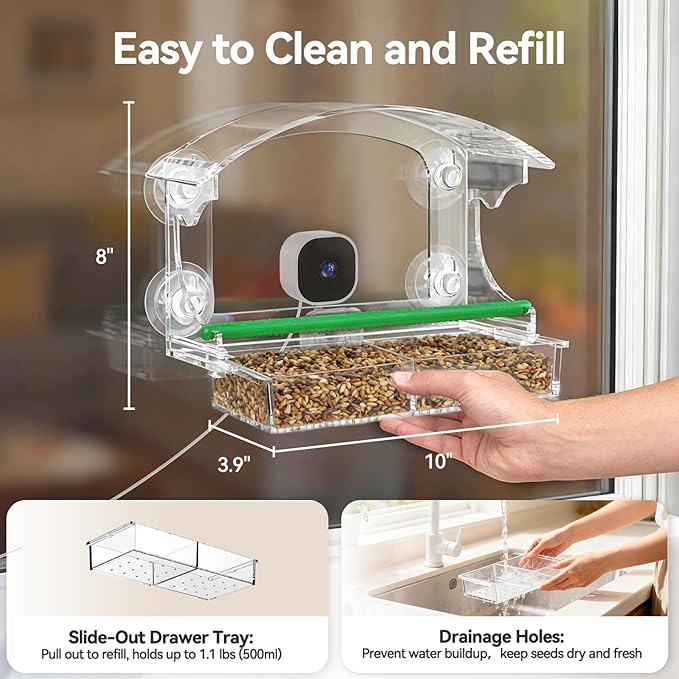 Dzees Smart Window Bird Feeder with Camera, Clear 2K HD Camera with AI Bird Identifier, Live Stream & Auto-Capture, Easy Suction Cup Installation, Perfect Tech Gift for Nature Lovers