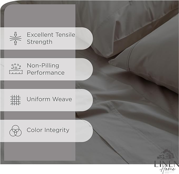 Linen Home 100% Cotton Percale Sheets Twin Size, Charcoal, Deep Pocket, 3 Pieces Set - 1 Flat, 1 Deep Pocket Fitted Sheet and 1 Pillowcase, Crisp Cool and Strong Bed Linen