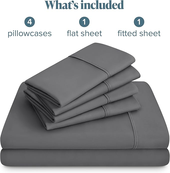 Bare Home Hotel Luxury Full Sheet Set, Extra Soft - 6 Piece Set - Deep Pockets - Easy Fit - Cooling & Breathable - Wrinkle, Fade, Stain Resistant - Includes 4 Pillowcases (Full, Grey)
