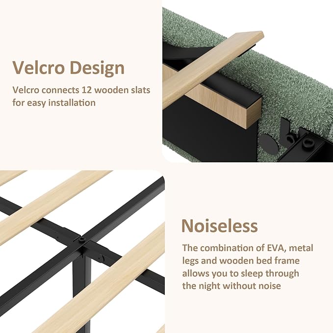 Queen Size Platform Bed Frame with Headboard, Boucle Upholstered Desige, Anti-Collision Corners, Soft Rounded Corners, No Box Spring Required, Easy Assembly, Noise Free