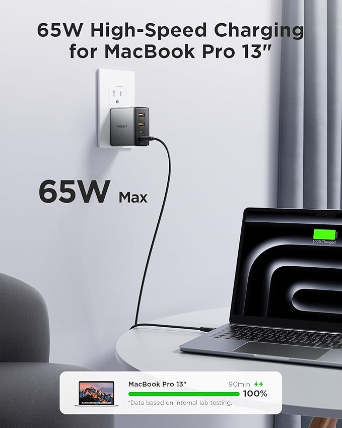 PISEN 65W USB C Charger - 4-Port GaN Fast Charging Block Type C Charger Fast Charging Wall Plugs with 4FT C to C Cable for MacBook Pro/Air, iPhone 16/15/14, iPad Pro, Galaxy S24, Pixel 8, Steam Deck