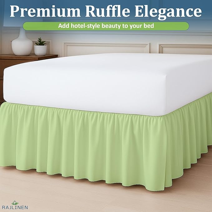 Rajlinen Ruffled Bed Skirt King, 24 Inch Drop Dust Ruffle with Split Corners, 100% Microfiber Bedskirt with Platform, Three-Sided Coverage Ruffled Gathering Design, Sage