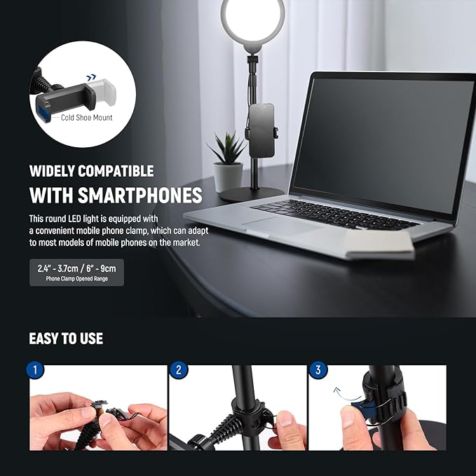 NEEWER Basics 7" Desk Ring Light for Video Recording, 10W Dimmable Full Screen Key Lighting with Stand&Phone Holder for iPhone Computer Laptop Vlog Live Streaming Video Conference, R06