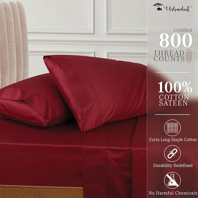 URBANHUT 800 Thread Count 100% Cotton King Size Sheets, Luxury 4 Piece King Bedsheets, Hotel Sheets Sateen Finish - Better Than Egyptian, 16" Elasticized Deep Pocket - Burgundy