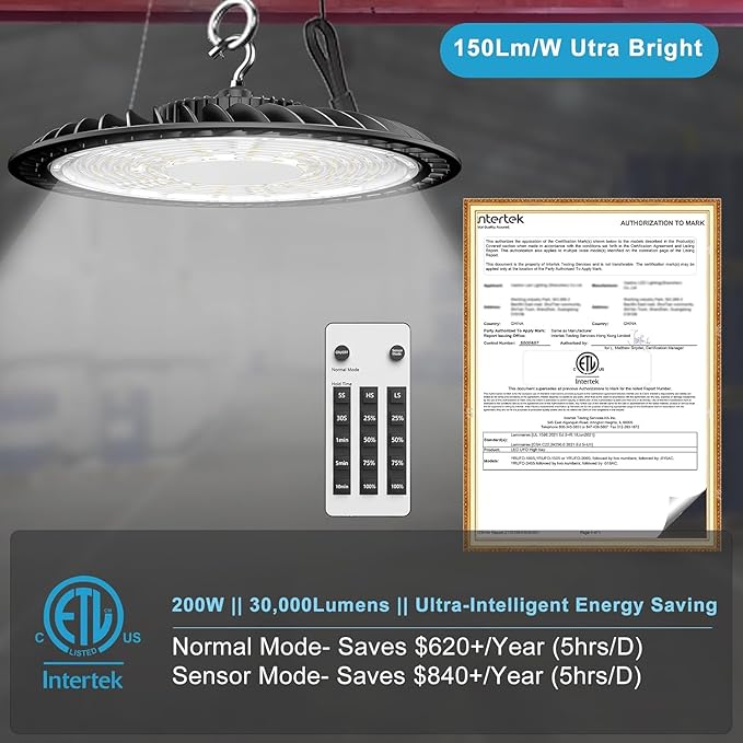 Smart 200W LED High Bay Light 30000LM 5000K UFO High Bay Lighting Motion Activated High Bay LED Lights AC100-277V for Warehouse Barn Remote Included- 10Pack