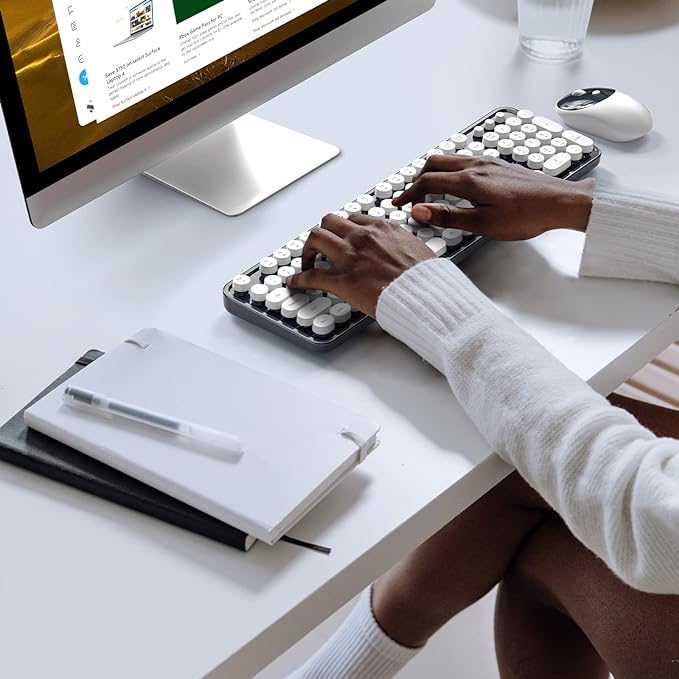 MOFII Wireless Keyboard and Mouse Combo, Computer Full Size 2.4G Plug and Play Wireless Typewriter Retro Round Keyboard and Mouse Set for Windows, Computer, Desktop, PC, Notebook - (Dark Blue)