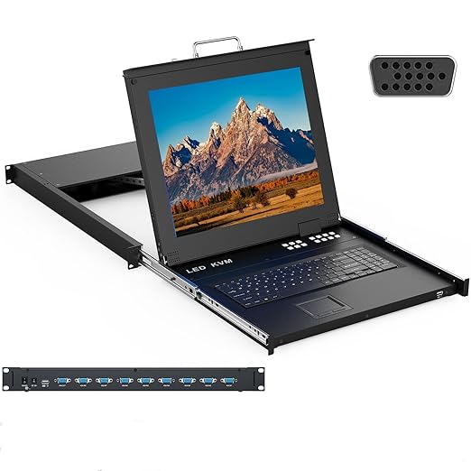 MT-VIKI Rack KVM Monitor Switch 8 Port w/17'' LCD Monitor, Fit 1U 19'' Rack, Integrated with Keyboard+Touch pad+Drawer+8 KVM Cables, Support OSD/Hotkey/Button