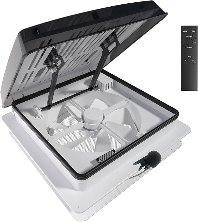 2012 Air Max RV Roof Vent Fan 14" x 14", Quiet 12V Motorhome Ventitaltion with Reversible Airflow, Voice & Remote Control, Rain Sensor, Fits Class A/B/C Motorhomes, Trailers, Campervans