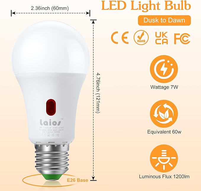 Laios Dusk to Dawn Sensor E26 Light Bulb, 7W LED Outdoor Photocell Lighting Bulb, 1200lm Equivalent 60W, Soft White(2700K), Auto ON/Off with Light Sensor, Pack of 4