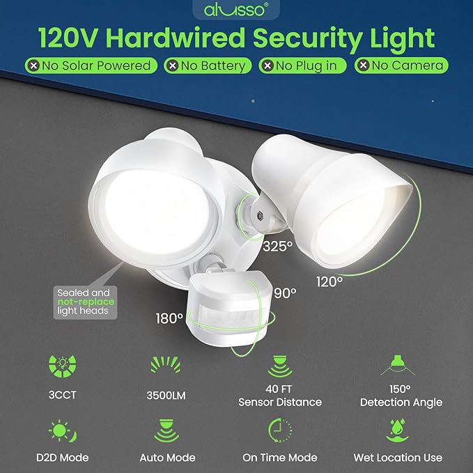 ALUSSO Motion Sensor Outdoor Lights, 30W 3500LM Flood Lights Outdoor, 3 Modes (Dusk to Dawn/Auto/On Time), 3CCT 3000K/4000K/6500K Waterproof Hardwired ETL Listed, Porch Garage Flood Light, White 2PCS