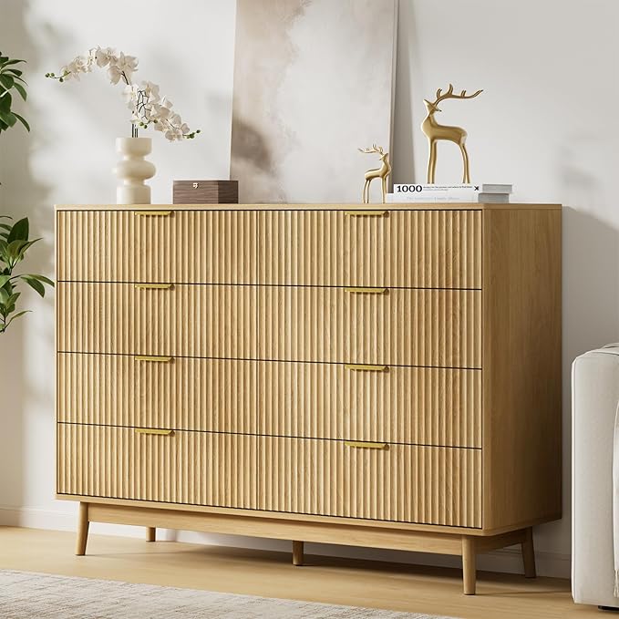 LYNSOM Fluted Dresser and Nightstand Sets 3 Piece, 9-Drawers Dresser and 1-Drawer Nightstands Set of 2, Wood Bedroom Furniture Set for Home, Bedroom, Hallway, Oak
