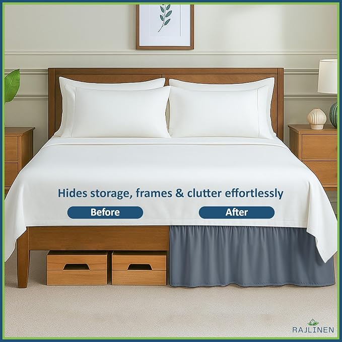 Rajlinen Ruffled Bed Skirt California King, 18 Inch Drop Dust Ruffle with Split Corners, 100% Microfiber Bedskirt with Platform, Three-Sided Coverage Ruffled Gathering Design, Dark Grey