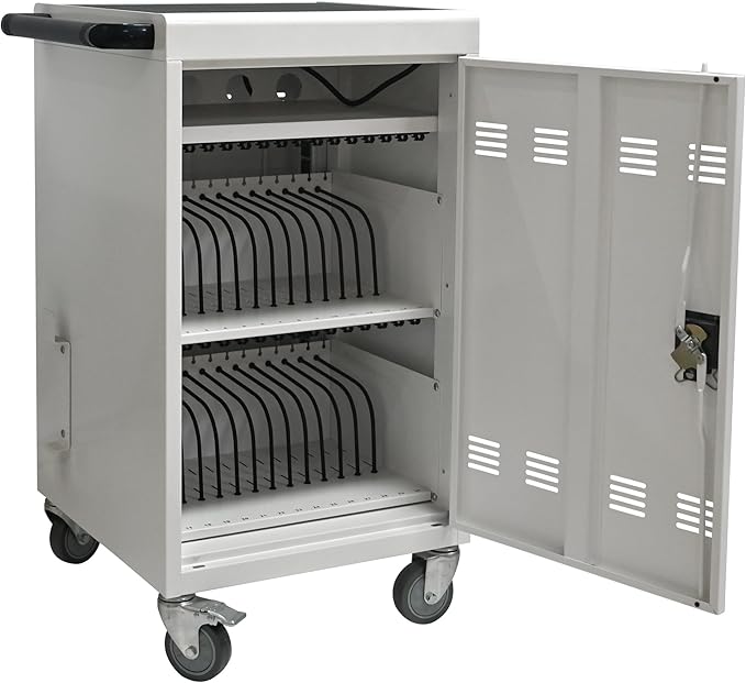 Aokleo Laptop Charging Cart,32 Devices Tablet Storage Carts for Pad Up to 16.3" Screen Size, Classroom Computer Mobile Charging Station for Pads,Chromebooks,Laptops,Security Storage (30+2 Bay-White)