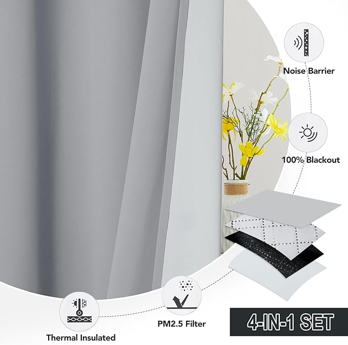 RYB HOME 4-in-1 Dust Filtering Soundproof Blackout Insulating Privacy Window Curtains for Nursery Bedroom Living Room Rivider Sound Absorption Sheet, Silver Grey, W52 x L84 inch, 2 Panels