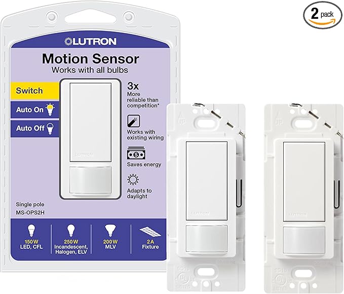 Lutron Maestro Motion Sensor Light Switch Indoor for Bathroom, Garage, Laundry Room, Any Bulbs, Occupancy Vacancy Sensor, Single-Pole, MS-OPS2H-2-WH, White (2 Pack)