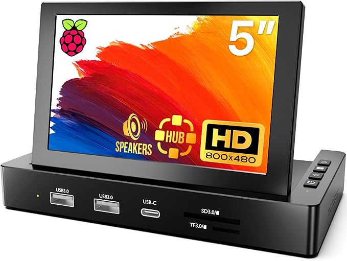 ROADOM 5'' Mini Monitor with Raspberry Pi Mount Holes & USB HUB, Type-C One-Cable Connection&Speakers, All-in-One Storage Dock, Pocket IPS Screen for PC monitoring/Gaming/AIDA64/Streaming Partner