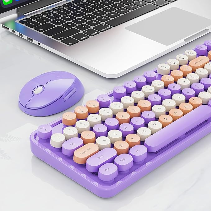 Nowlike Wireless Keyboard and Mouse Combo, Retro Typewriter Keyboard with Round Keycaps, Full-Size Ergonomic, Purple, Ideal for Windows PC, Home, Office, and College