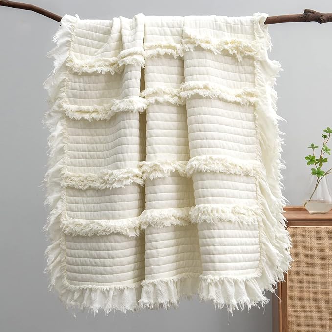 Pre-Washed Ultra Soft Quilted Cream King Size Blankets for Bed, Ruffle Fringed Chic Boho Decorative Throw, Stone Washed Blanket for Sofa Couch Bed 104"x90"