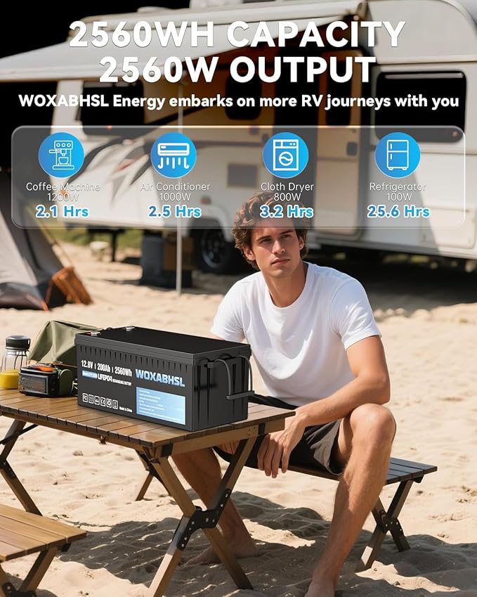 WOXABHSL 12V 200Ah Lithium LiFePO4 Battery, Built-in 200A BMS, 2560Wh Energy Storage, Iron Phosphate 4000-15000 Deep Cycles Battery for Solar, Trolling Motor, RV 1PCS