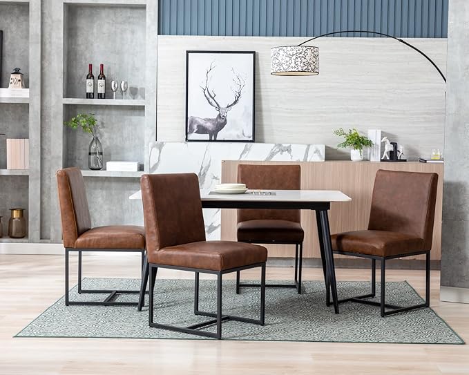 CIMOTA Modern Dining Chairs Set of 6, Leather Dining Room Chairs Upholstered Mid Century Armless Guest Side Chair with Black Base for Dining Room/Kitchen, Vintage Brown 6PCS