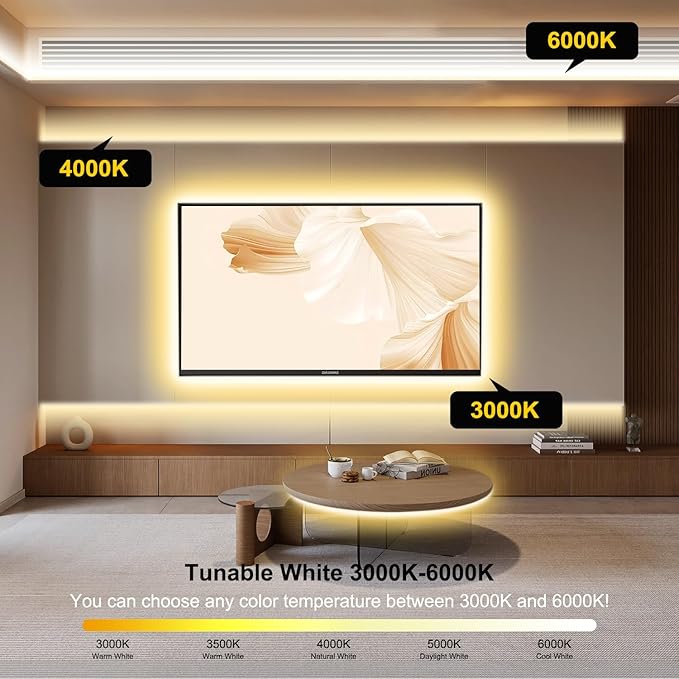 COB LED Strip Light,CCT Dimmable Strips Light,2700K-6500K,65ft/20m,8mm Wide,CRI90+ 24V LED Strips Kit with Bluetooth APP Control/Music Mode,for Bedroom,Kitchen,DIY Lighting