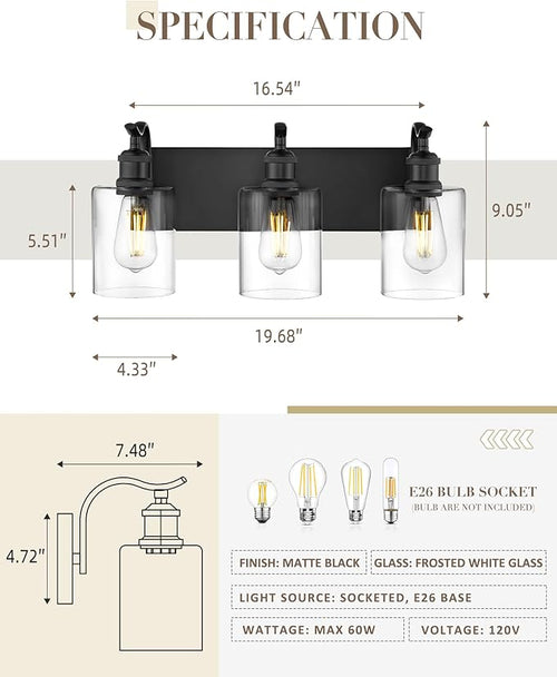 3-Light Black Bathroom Light Fixture Over Mirror, Modern Vanity Light, Clear Glass Wall Sconce, VL01BK-3