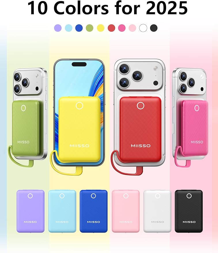 miisso 10000mAh Mini Portable Charger with Built in Cable, Pocket Size Power Bank Travel External Battery Pack for Phone, 3 Output USB Type C Cord Clutch Compatible with iPhone, Samsung, Purple