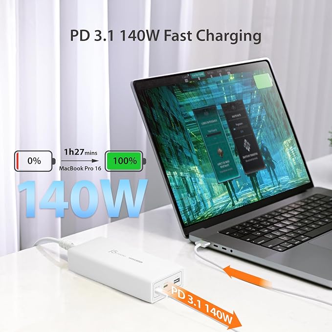 j5create 185W GaN USB-C/A 3-Port Laptop Super Charger w/Power Delivery 3.1, Supports MacBook Pro MagSafe 140W, Power and Charge Laptops/Tablets/Phones/Game Consoles (JUP37185W)