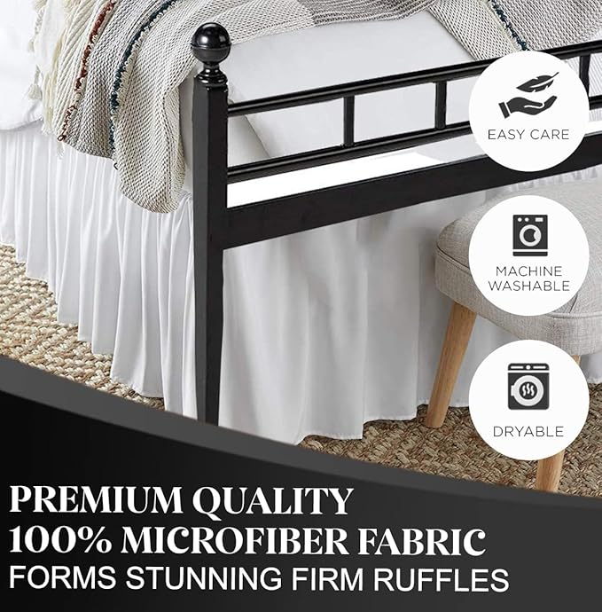 Ruffled Bed Skirt with Split Corners, White, Queen 18 Inch Drop Bedskirt, Hotel Quality Brushed Microfiber Wrinkle Free Dust Ruffle Bed Skirt Queen Size