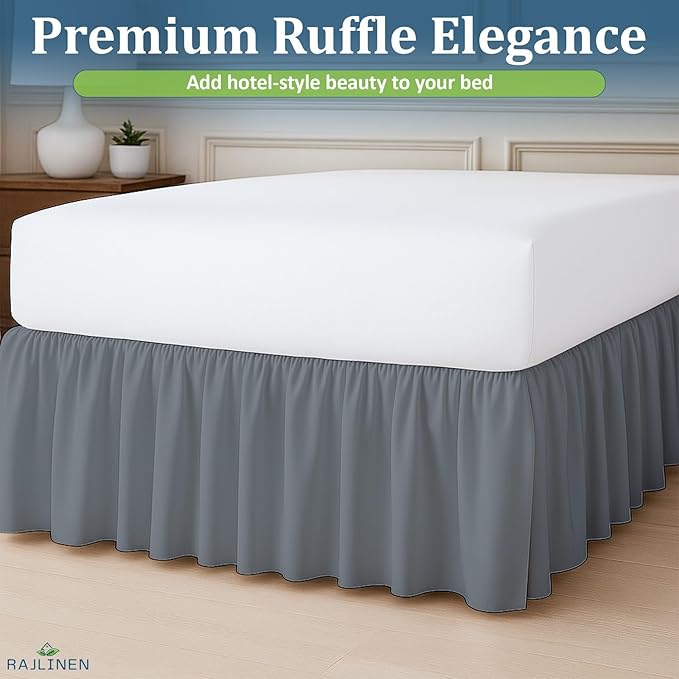 Rajlinen Ruffled Bed Skirt Queen, 14 Inch Drop Dust Ruffle with Split Corners, 100% Microfiber Bedskirt with Platform, Three-Sided Coverage Ruffled Gathering Design, Dark Grey