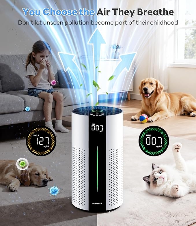 ECOSELF Air Purifiers for Home Large Room up to 1800 Ft², Air Purifiers for Bedroom 360° Air Intake with Smart Auto Mode, HEPA Air Purifier, Air Cleaner for Smoke PoIIen Pet Dander, HAP609