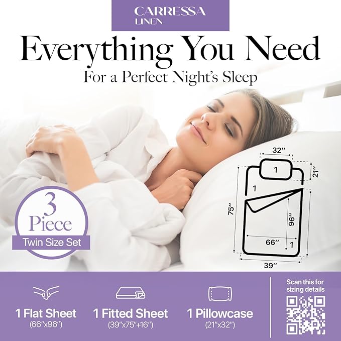 Carressa Linen 100% Egyptian Cotton Twin Sheets Set - 600 Thread Count Egyptian Cotton Luxury Twin Sheets (3 PC, Plum Purple), 16" Deep Pocket, Soft, Cooling, Sateen Weave College Dorm Room Bedding