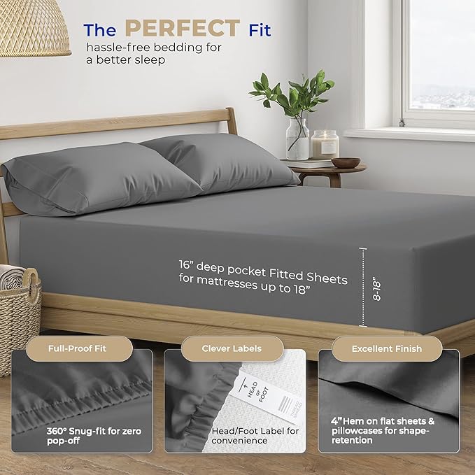 THREAD SPREAD Egyptian Cotton Sheets - 400 Thread Count 100% Cotton Twin XL Size Sheet Set, 3 PC Twin XL Sheets, Luxury Sateen, Dorm Rooms, 16" Deep Pocket Breathable Cotton Sheet (Dark Grey)