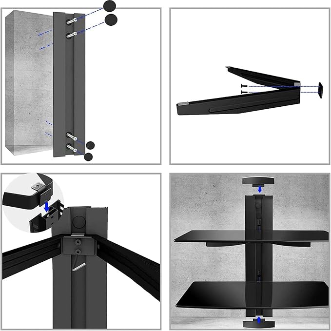 suptek Speaker Mount, Floating Glass Shelf Wall Mount Bracket for DVD Players/Cable Boxes/Games Consoles/TV Accessories, 2 Shelves, Black CS202