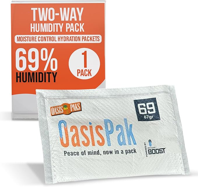 OasisPak 69% RH Two-Way Humidity Control Packs (1 Pack) - 67 Gram Packs | Maintain Humidty, Freshness, Flavors & Aromas | Salt-Free, Leak-Proof Moisture Absorbers for Storage Cases & Containers