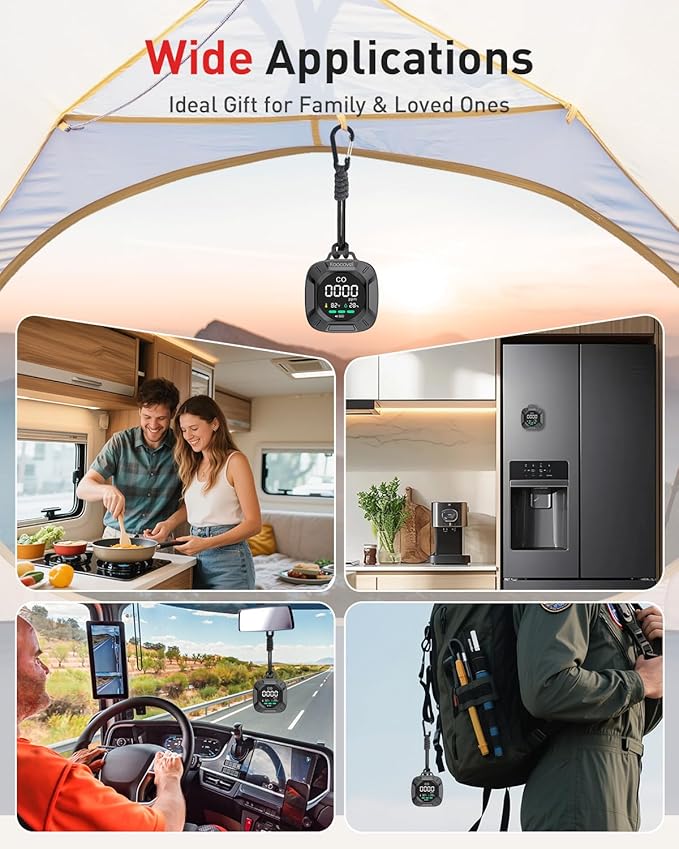 Portable Carbon Monoxide Detector Travel, Rechargeable 3-in-1 CO, Temperature & Humidity Meter, 240h Standby,Custom Alarm Thresholds, with Magnetic Back,for Hotel,Home,Camping for Car RV(Black)