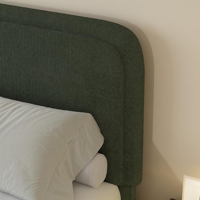 BarnFurin Queen Bed Frame with Headboard, Boucle Upholstered Platform Bed with Wood Slats, Soft Rounded Corners, No Box Spring Required, Easy Assembly, Green