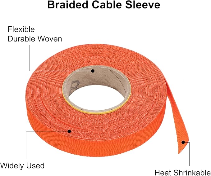 MECCANIXITY Braided Cable Sleeves Heat Shrinkable Fabric Sleeving, 1/2" 40ft Orange 2:1 Ratio Heat Shrinkable Cord Protector for Harness Cable, Network Cable Protection, Cable Management